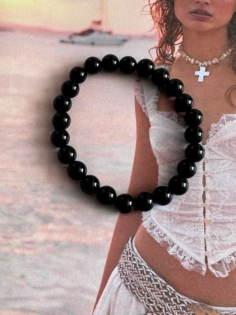 Gorgeous Genuine Stone Beaded Bracelet/ Black-One size